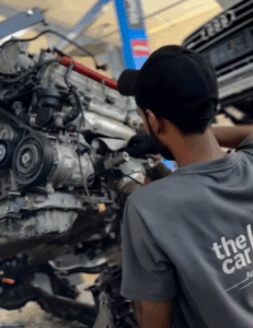 Audi A6 engine components ready for replacement at The Car Lab