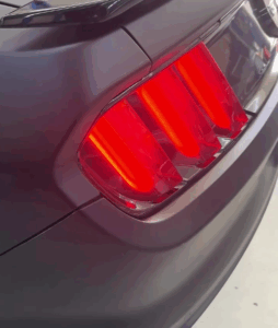 Ford Mustang with custom peelable paint job in the garage