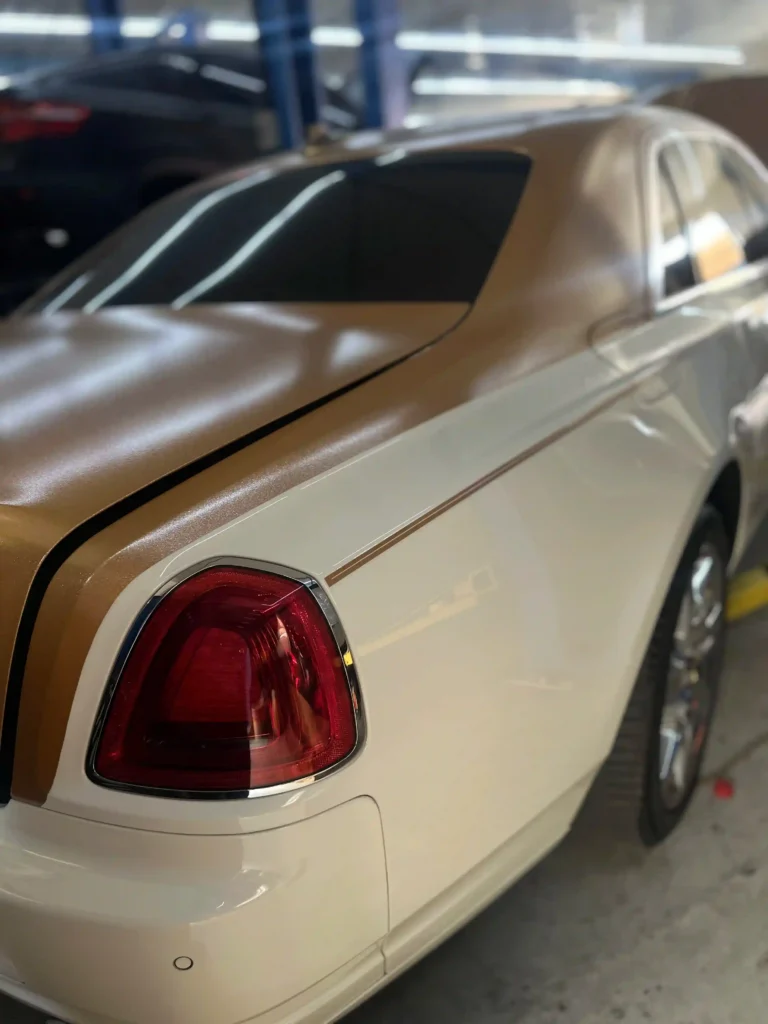 Rolls Royce Phantom minor service in Dubai showing rear side of the luxury sedan before oil and filter change.