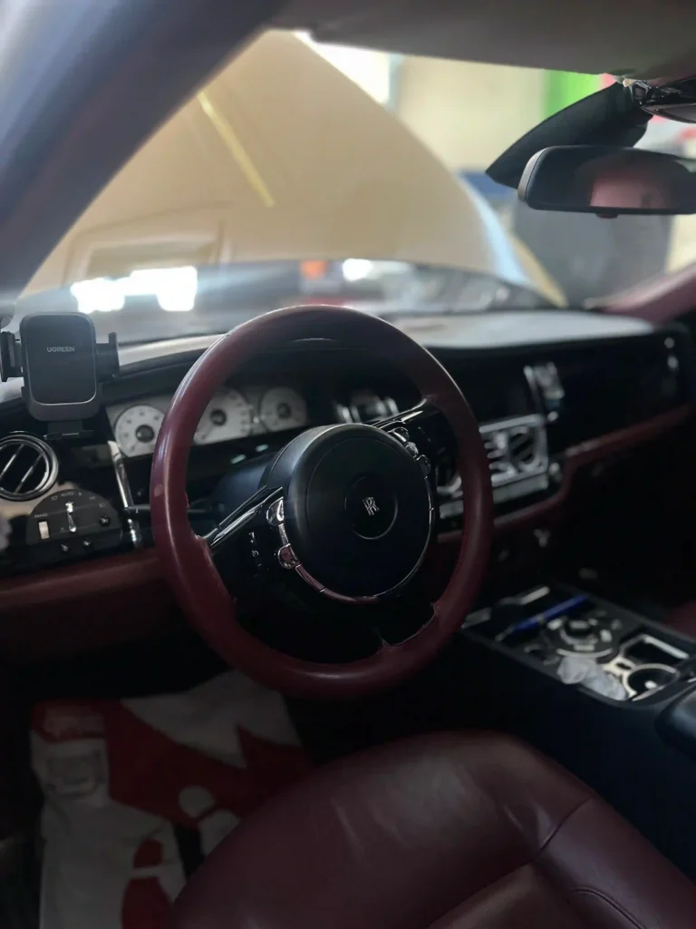 Rolls Royce Phantom luxury interior after completing spark plugs replacement service in Dubai.